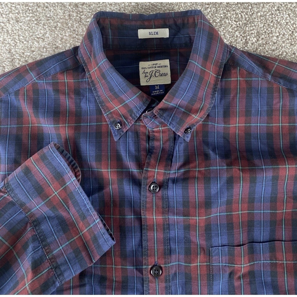 J Crew Red/Blue Gingham Plaid 2 Ply Cotton Shirt Mens M Slim Fit Preppy Work